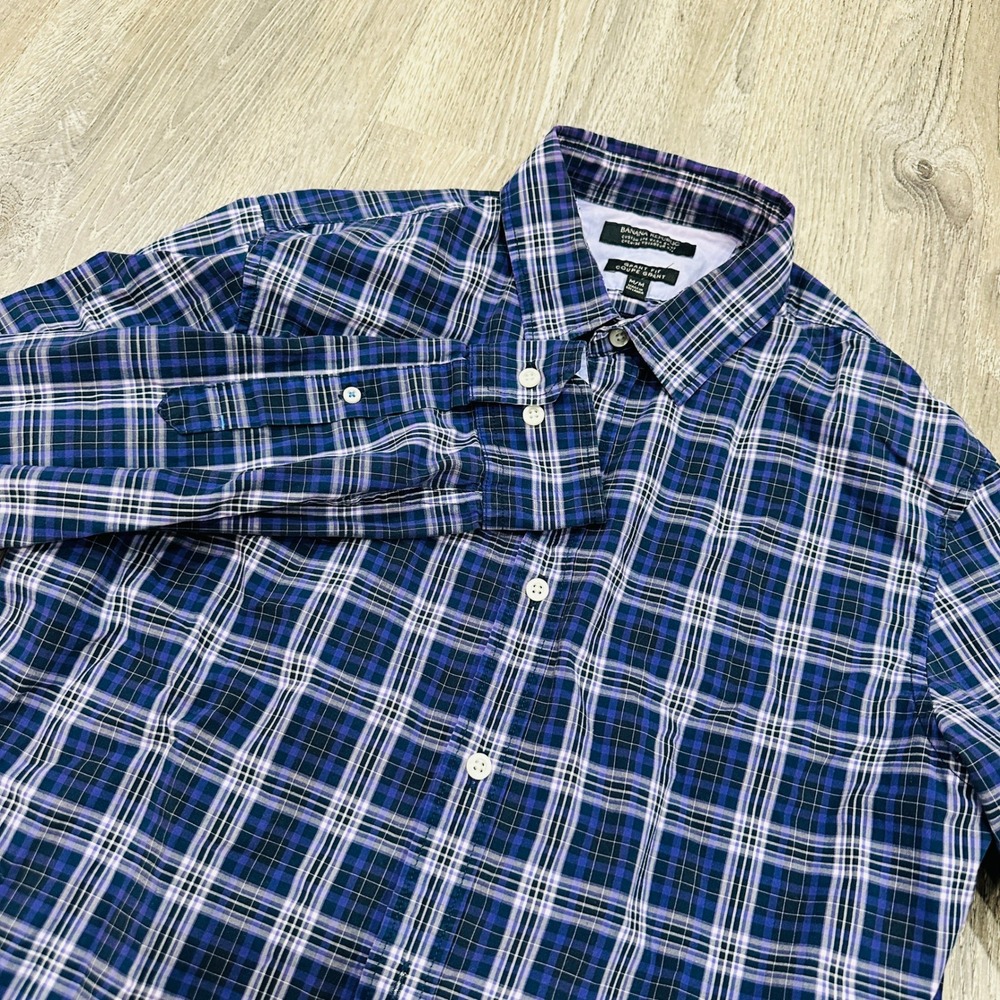Banana Republic Shirt Men's Medium Blue Purple Grant Fit Plaid Button Down Shirt